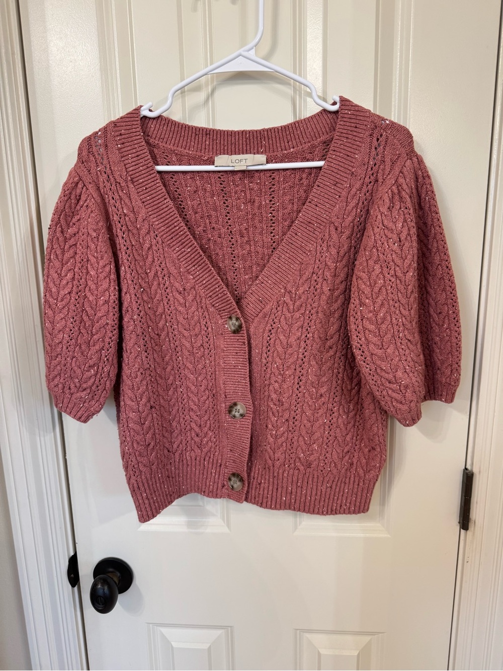 LOFT Rose Cable-Knit Puff Sleeve short sleeve Button Cardigan